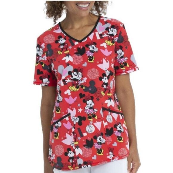 Women's Disney Mickey Mouse & Mini Mouse Love Letter Floral Print Scrub Top 3XL - Picture 1 of 9